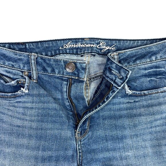 American Eagle AE77 High Rise Flare Jeans Womens 10 Blue Distressed Wide Leg - Picture 5 of 11
